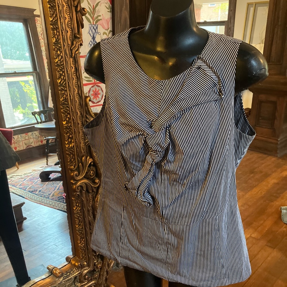 New York & Company Navy Striped Bow Blouse